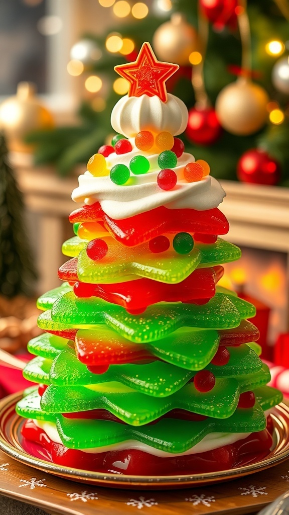 A colorful Christmas Tree Jellycat dessert with green and red layers, topped with whipped cream and gummy candies, set in a festive holiday background.